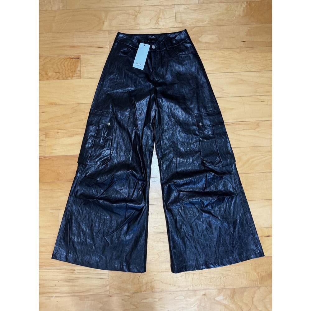 Akira Womens Super Wide Cargo Faux Leather Black Pants M Meas: 28x30.5